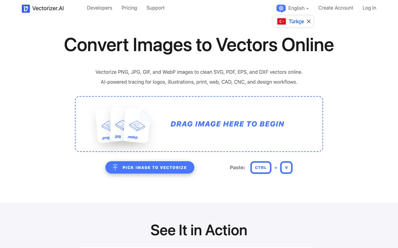 Página de inicio de Vectorizer.AI el 2026-09-19